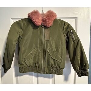 Zara Girls Olive Green Bomber Jacket Pink Faux Fur Collar Kids Size 6